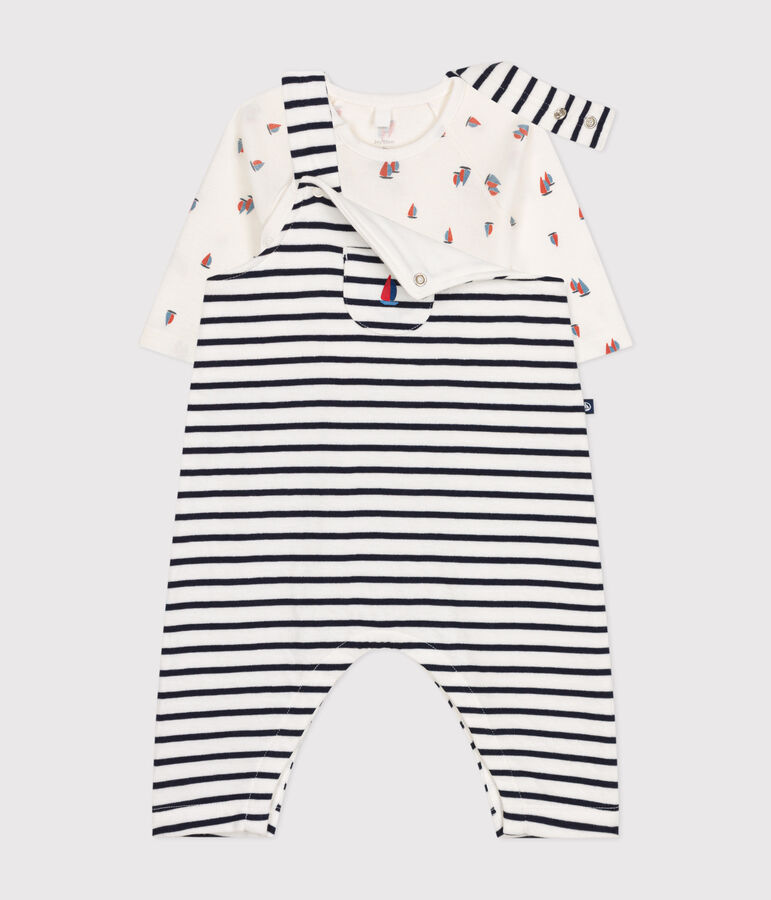 Ensemble salopette et body en coton b&eacute;b&eacute; blanc/bleu