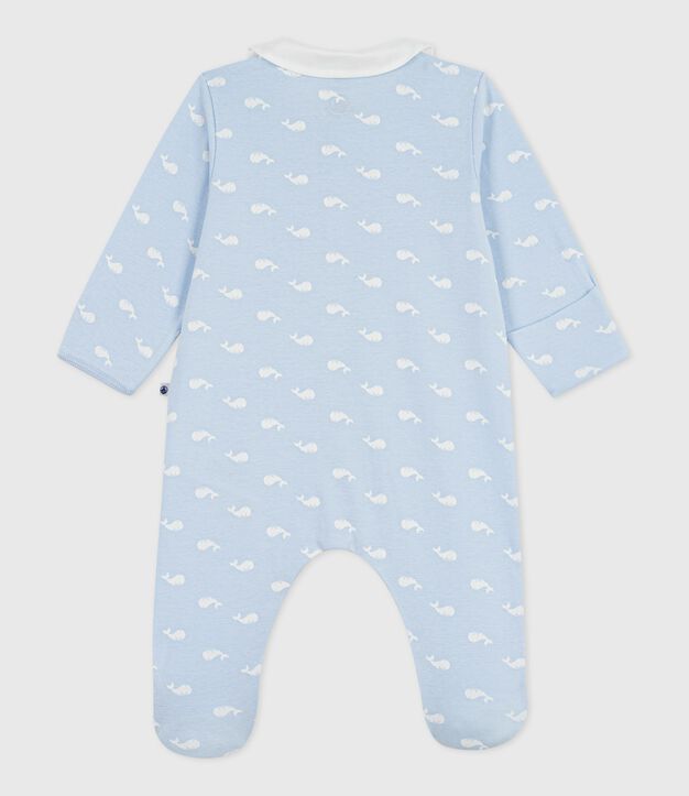 Katoenen babypyjama met kraag met walvisprint blauw/wit