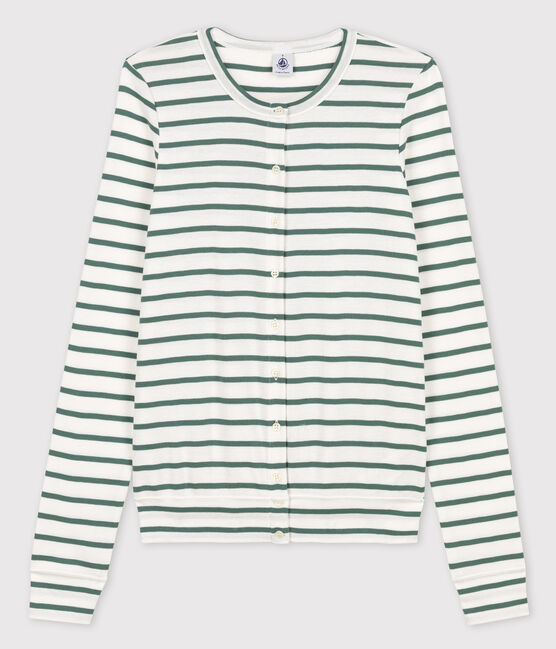Iconisch gestreept katoenen cardigan Dames wit MARSHMALLOW/groen VALLEE