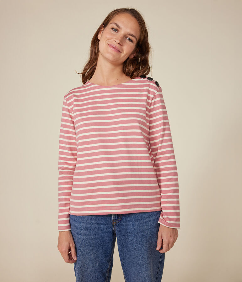 Katoenen marineshirt met knopen voor dames roze/ecru
