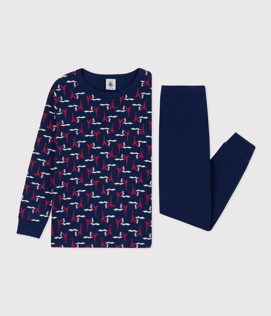Katoenen pyjama met Parijs-print voor kleine meisjes en jongens blauw MEDIEVAL/wit MULTICO