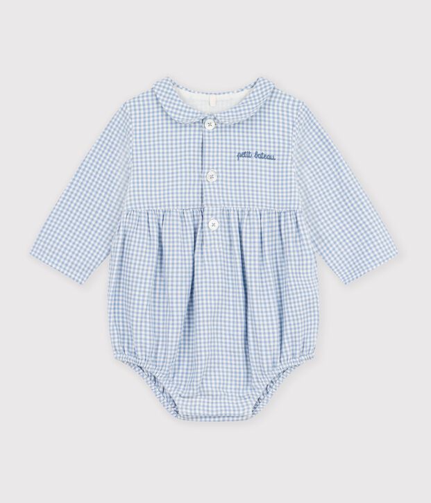 Kort katoenen kruippakje met kraagje en vichyprint voor baby's blauw/wit