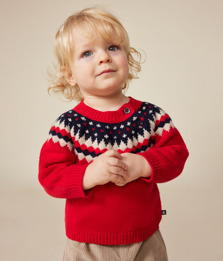 Gebreid babytruitje met wol rood/multicouleur