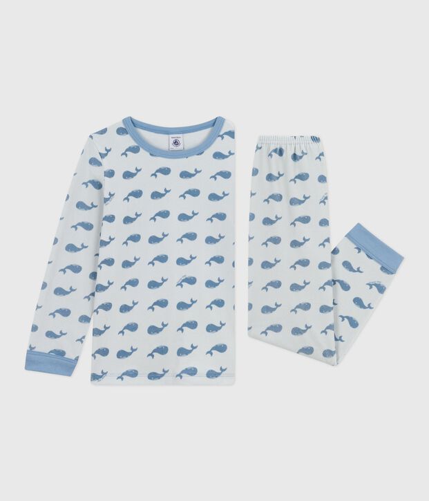 Fluwelen kinderpyjama met walvisjesprint blauw/blauw