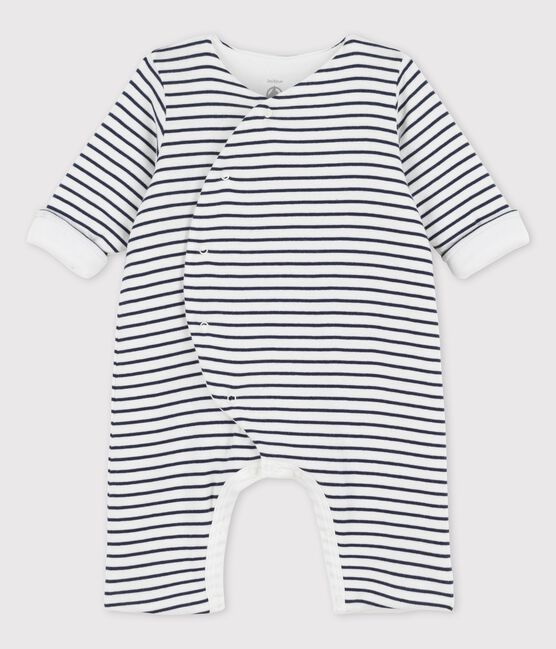 Lange gestreepte playsuit van biokatoen voor baby's wit MARSHMALLOW/blauw SMOKING