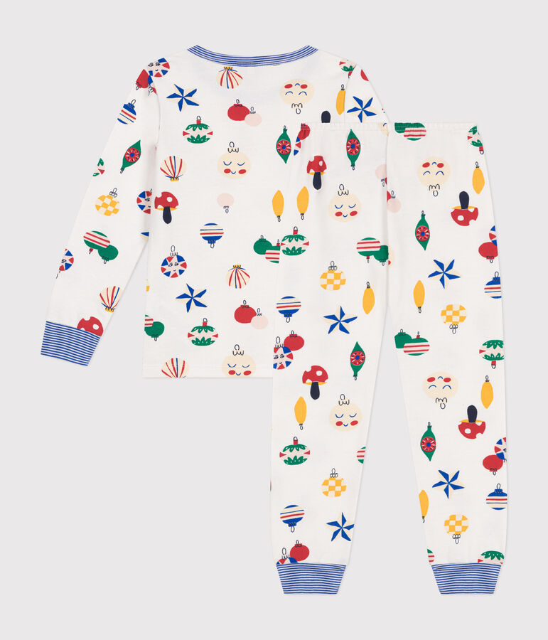 Kinderpyjama van geruwde fleece met kerstballenprint wit MARSHMALLOW/wit MULTICO