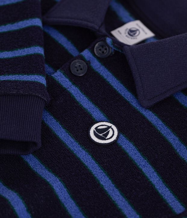 Sweatshirt col polo enfant en coton &agrave; rayures bleu/vert/bleu
