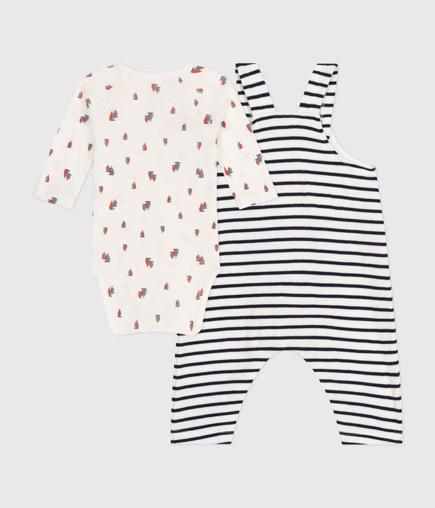 Ensemble salopette et body en coton b&eacute;b&eacute; blanc/bleu