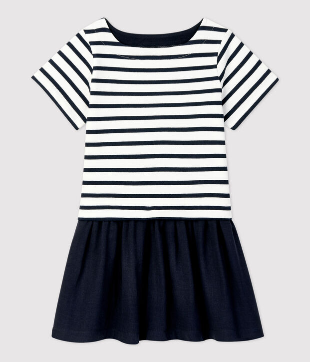 Robe en jersey et gaze de coton bio enfant fille blanc/bleu