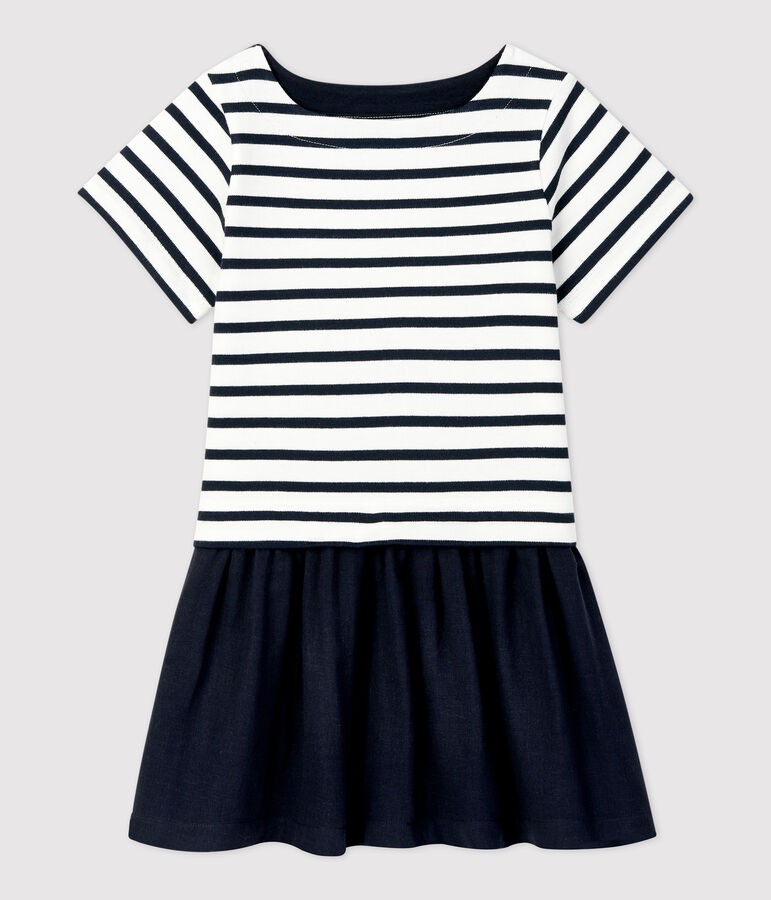 Robe en jersey et gaze de coton bio enfant fille blanc/bleu