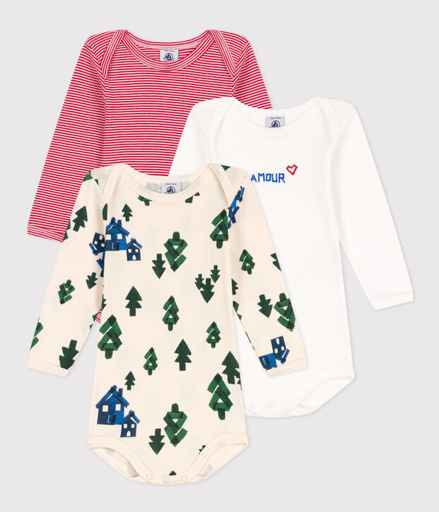 Set van 3 katoenen body's met lange mouwen met dennenbomenprint multicouleur