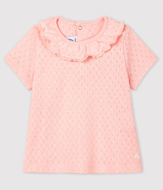 Blouse ajourée manches courtes en coton bébé fille rose MINOIS/blanc ECUME