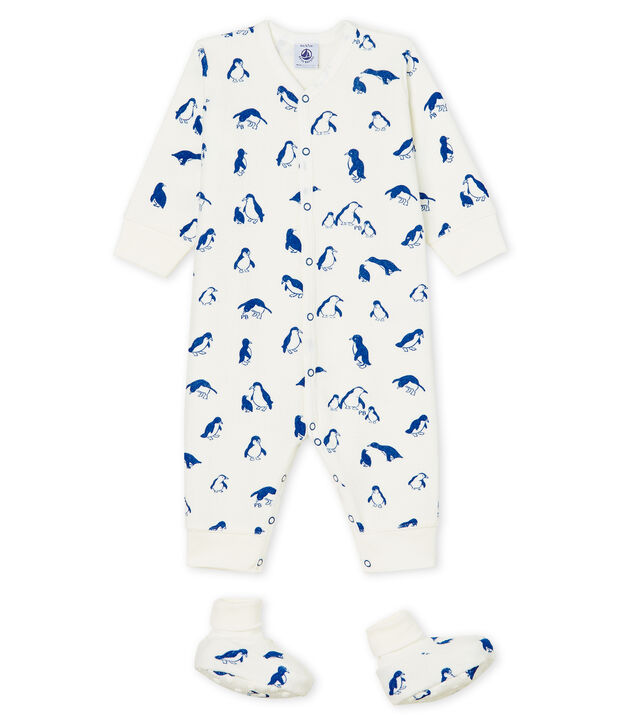 Nachtset baby van extra warme geruwde boucl&eacute;badstof wit/blauw