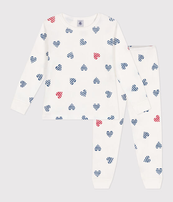 Pyjama enfant en coton manches longues imprimé cœurs blanc MARSHMALLOW/blanc MULTICO