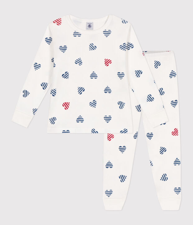 Katoenen kinderpyjama met lange mouw en hartjesprint wit/multicouleur