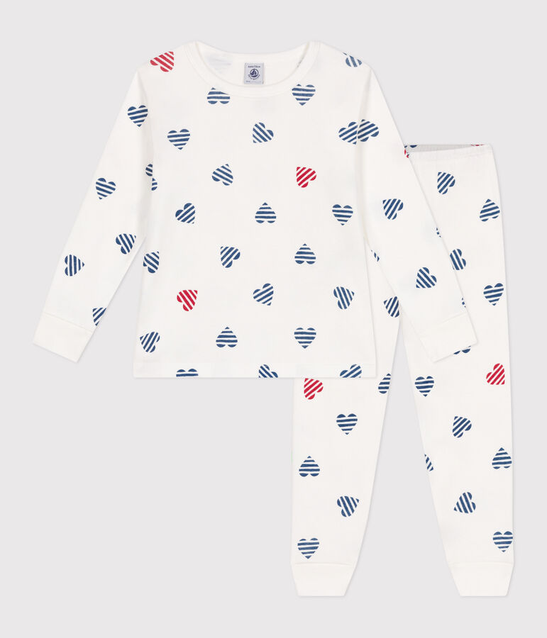 Katoenen kinderpyjama met lange mouw en hartjesprint wit/multicouleur
