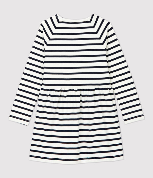 Katoenen meisjesjurk met lange mouwen wit/blauw