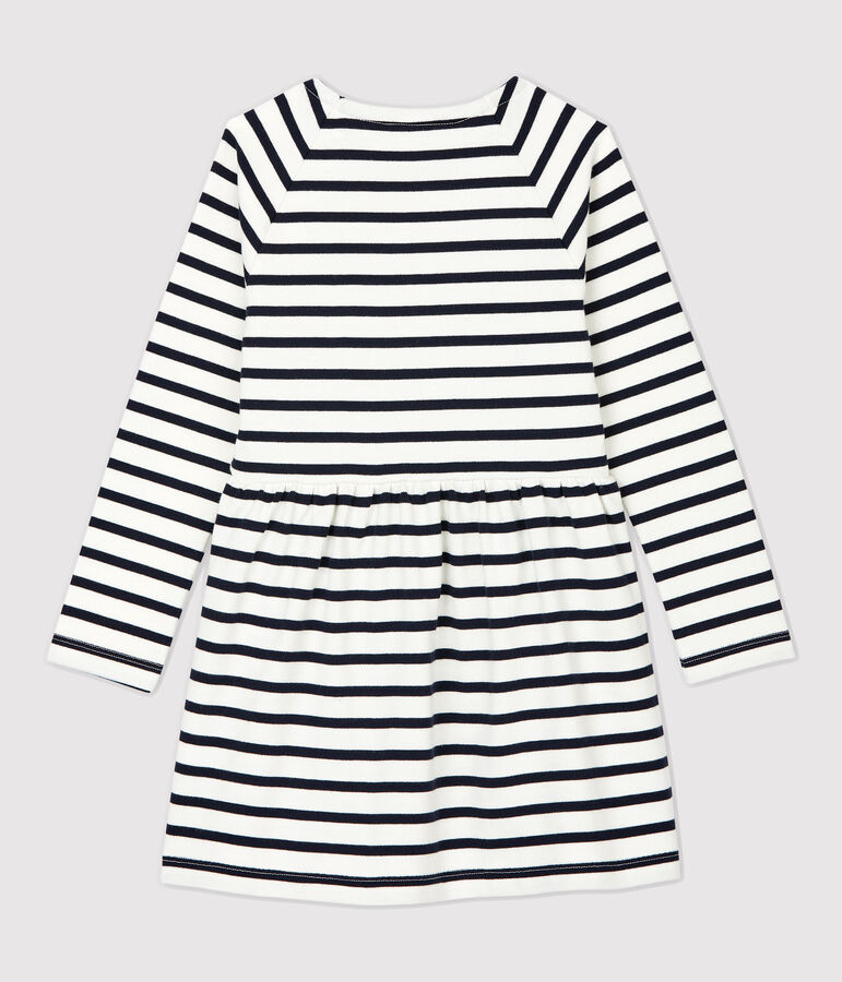 Katoenen meisjesjurk met lange mouwen wit/blauw