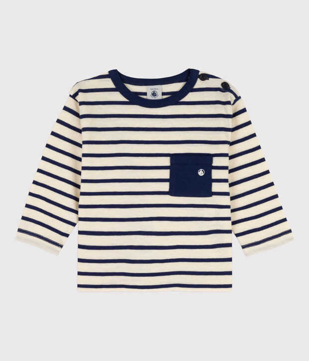 Tee-shirt manches longues b&eacute;b&eacute; en coton &eacute;cru/bleu
