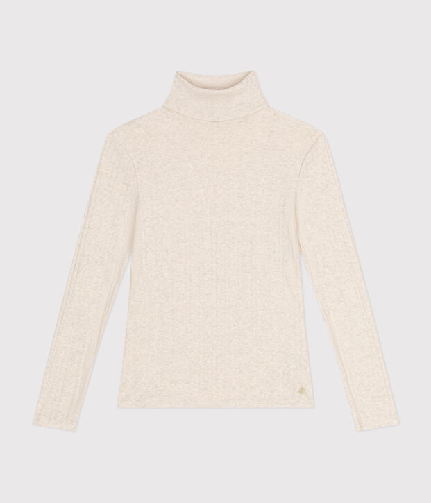 Tee-shirt l'iconique col roul&eacute; en c&ocirc;te fantaisie femme beige chin&eacute;
