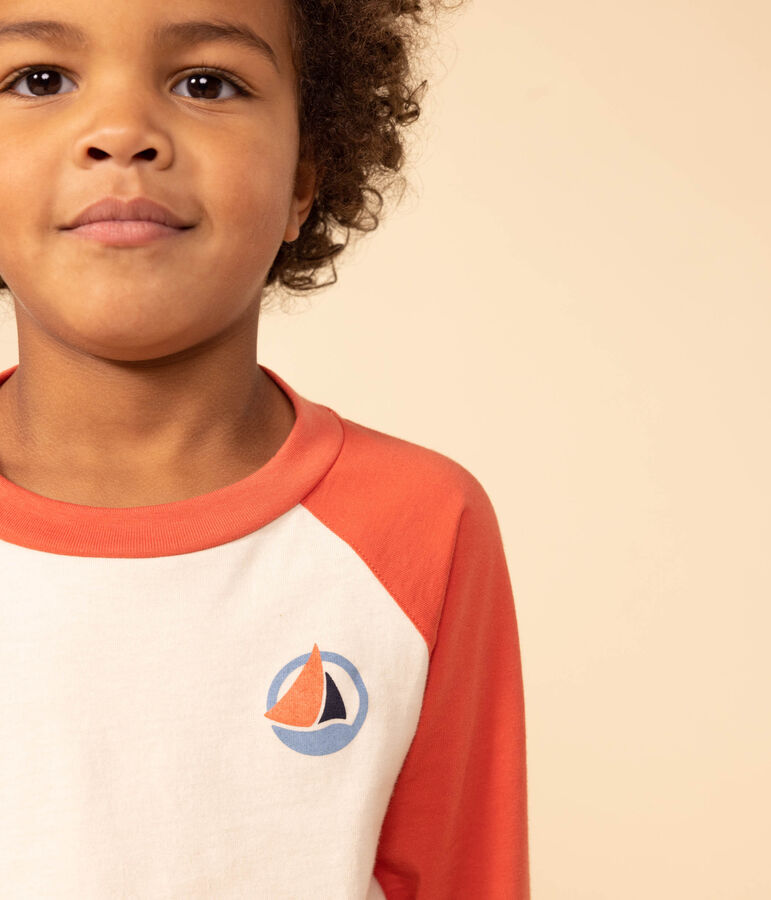 Tee-shirt manches longues en coton enfant gar&ccedil;on &eacute;cru/orange