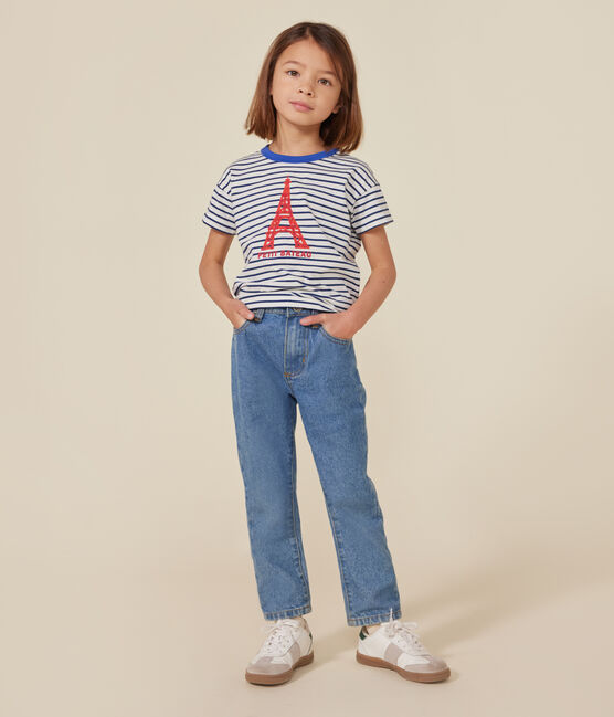 Tee-shirt manches courtes en jersey enfant blanc MARSHMALLOW/bleu MEDIEVAL