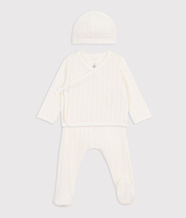 Ensemble long 3 pi&egrave;ces b&eacute;b&eacute; en coton ajour&eacute; et son bonnet blanc cass&eacute;