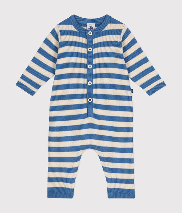 Gestreept babypakje in gebreide tricot en wil blauw/ecru