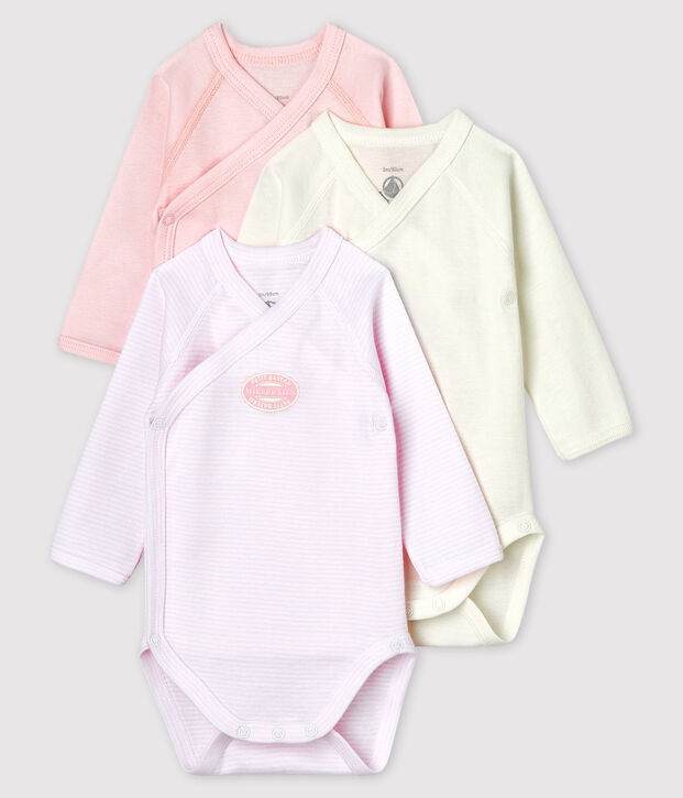 Set van 3 milleraie overslag baby-rompertjes met lange mouwen van biologisch katoen multicouleur