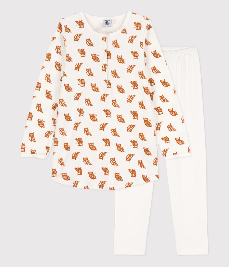 Chemise de nuit et legging hiboux petite fille en velours et en coton blanc MARSHMALLOW/ ECUREUIL