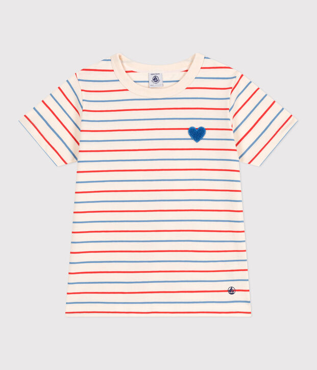 Tee-shirt enfant en coton manches courtes &agrave; rayures et c&oelig;ur &eacute;cru/multicouleur