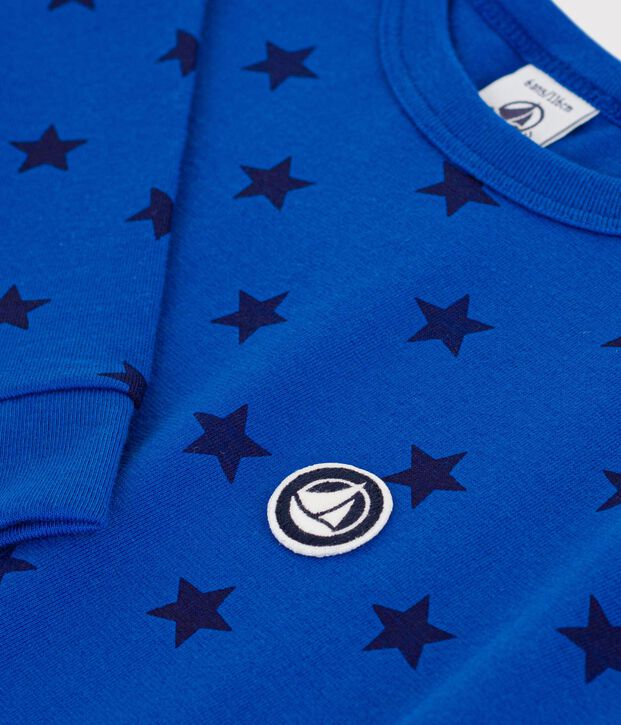 Tee-shirt enfant manches longues en coton imprim&eacute; bleu/bleu