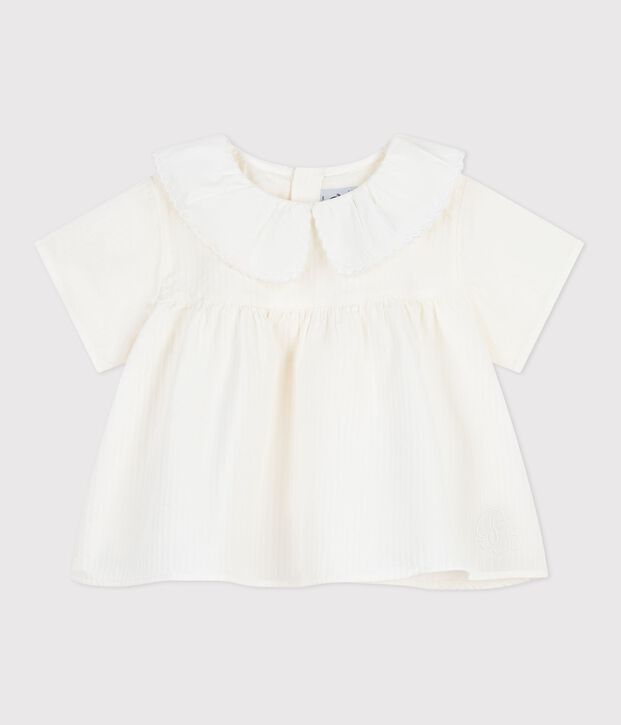 Effen babybloesje met korte mouwen van poplin katoen wit