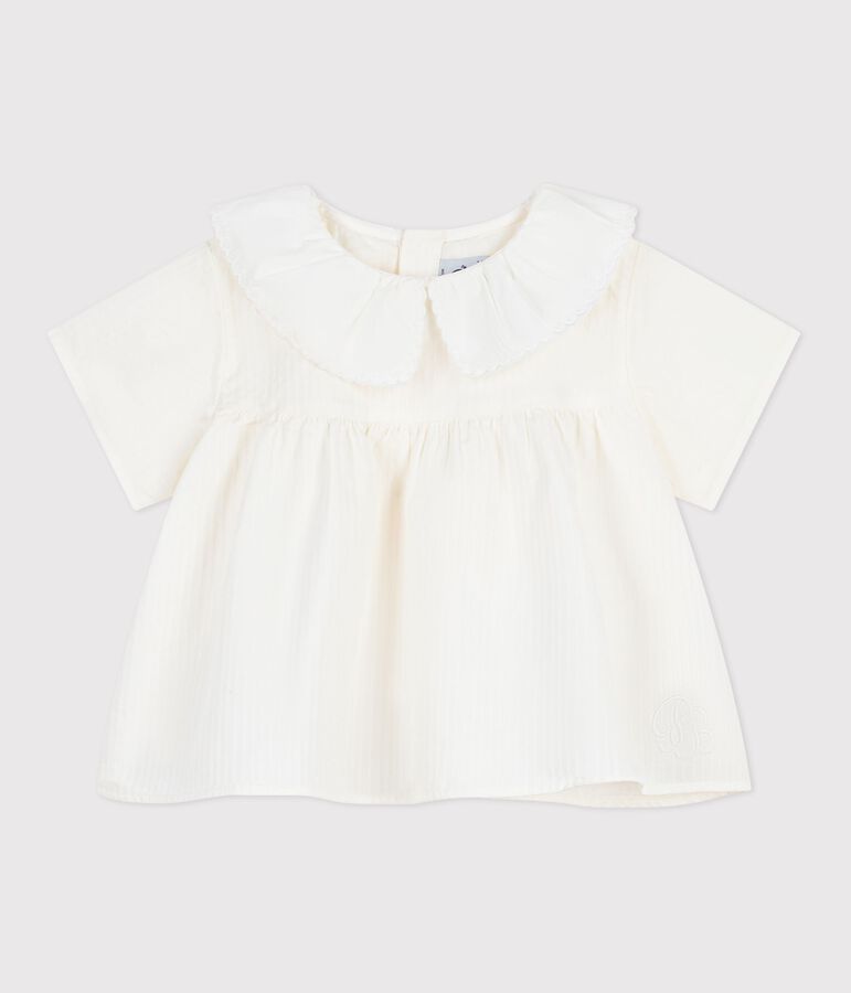 Effen babybloesje met korte mouwen van poplin katoen wit MARSHMALLOW