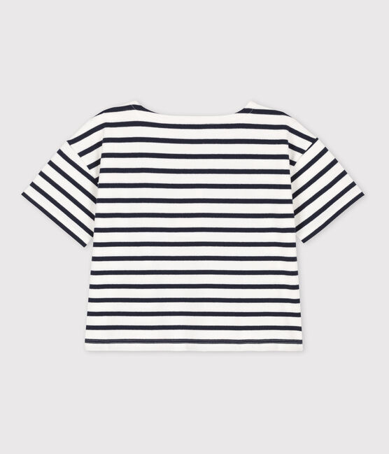 Gestreept katoenen T-shirt met korte mouwen voor meisjes wit MARSHMALLOW/blauw SMOKING