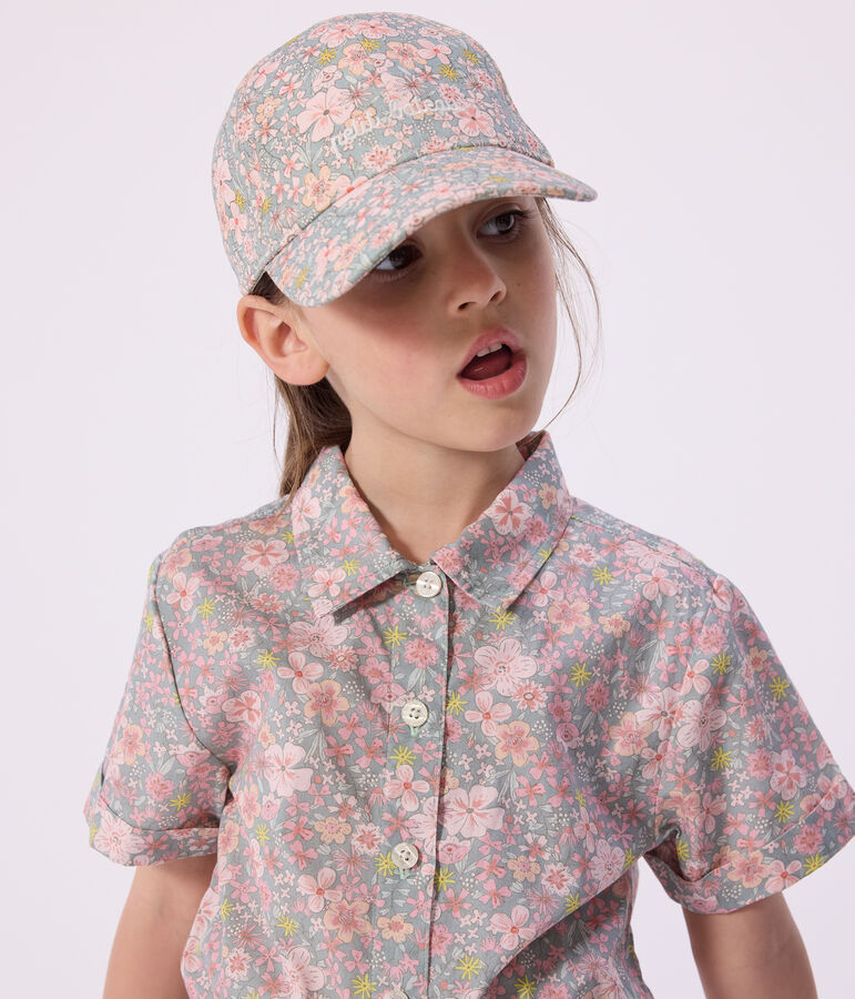 Casquette enfant en serge imprim&eacute; fleurs bleu/multicouleur