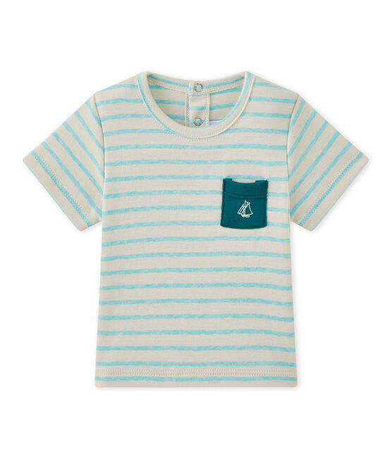 Gestreept T-shirt met korte mouwen voor babyjongens wit FETA/groen ADVENTURE
