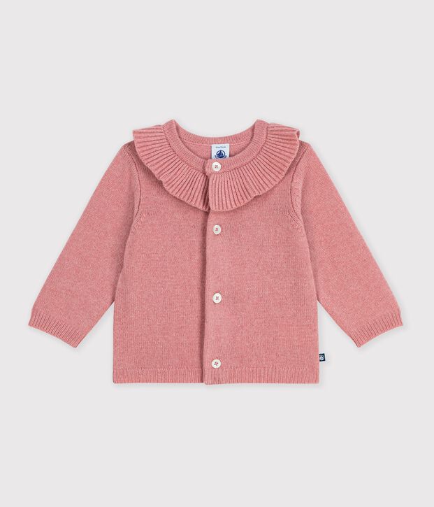 Effen babyvestje in tricot van wol en katoen met kraagje roze