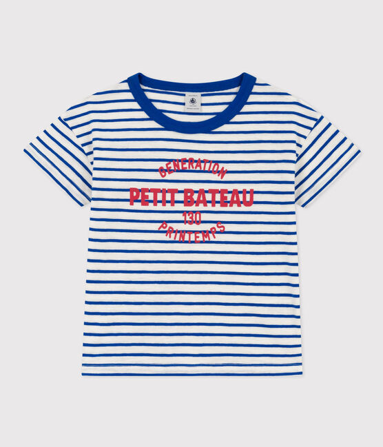 Gestreept katoenen T-shirt voor jongens/meisjes wit MARSHMALLOW/blauw PERSE