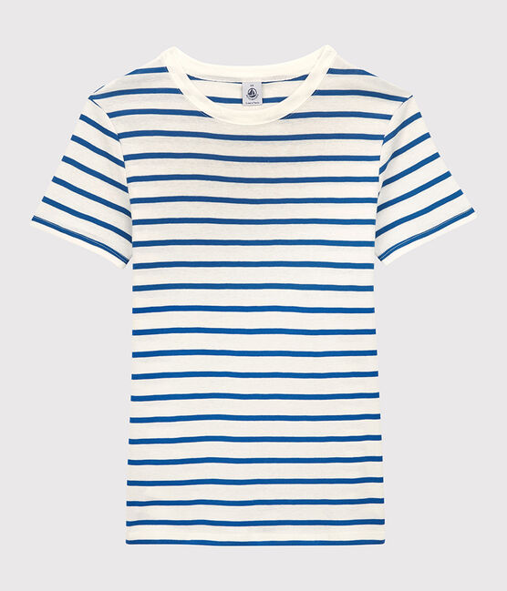 Tijdloos dames-T-shirt met ronde hals in biokatoen wit MARSHMALLOW/blauw DELFT