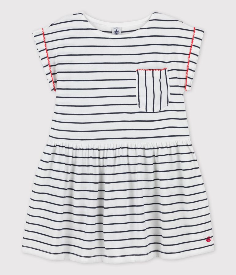 Robe manches courtes en coton enfant fille blanc/bleu