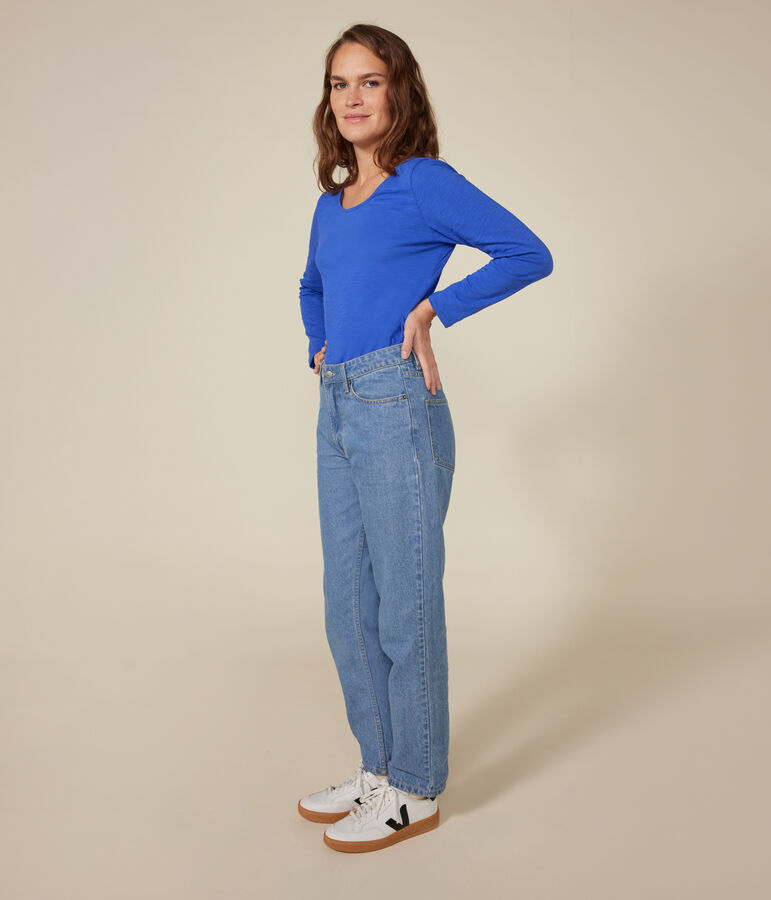 Dames-T-shirt van gevlamde jersey met lange mouw en diepe halslijn - Le Droit blauw CALVIN