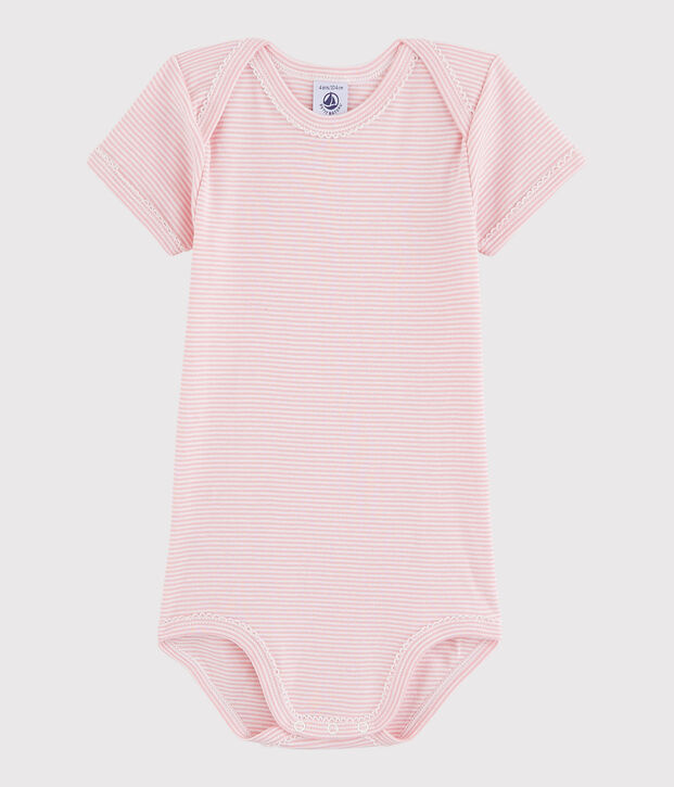 Rompertje met korte mouwen babymeisje roze/wit