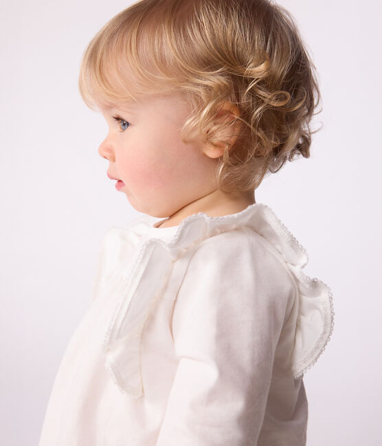 Effen katoenen babybloesje met lange mouwen wit MARSHMALLOW