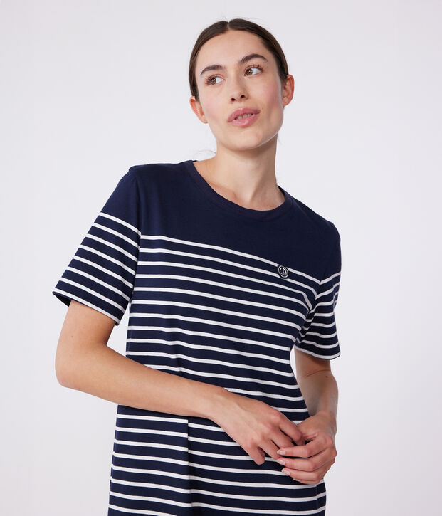 Robe longue femme en coton &agrave; rayures bleu/blanc