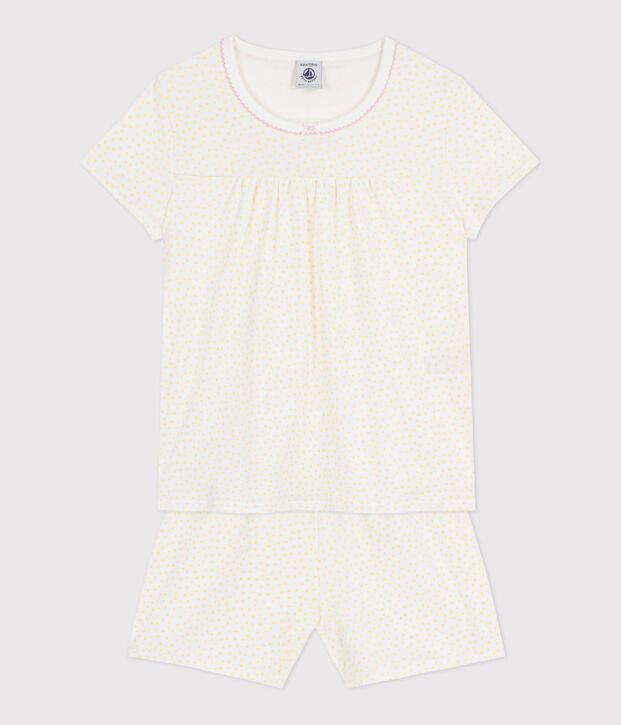 Pyjama short enfant en coton &agrave; fronces imprim&eacute; pois jaune/blanc