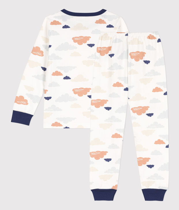 Jongens/meisjespyjama met wolkenprint in molton wit/multicouleur