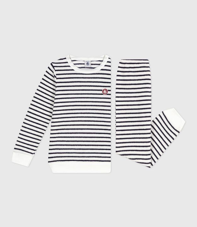 Pyjama enfant en coton &eacute;ponge &agrave; rayures bleu/bleu