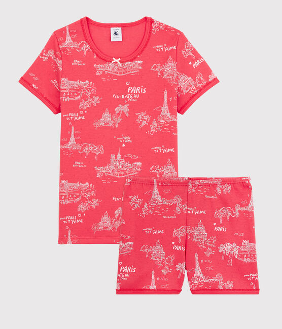 Korte meisjespyjama met print in katoen roze GROSEILLER/roze FLEUR