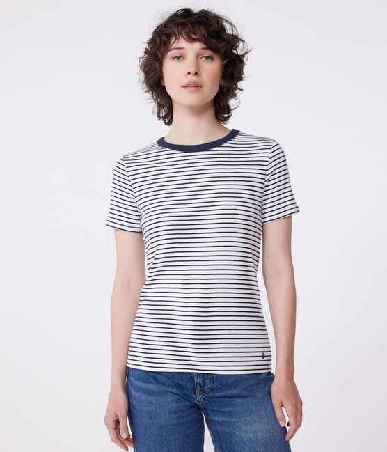 L'Iconique, T-shirt van gestreepte ribstof met korte mouw voor dames wit MARSHMALLOW/blauw SMOKING